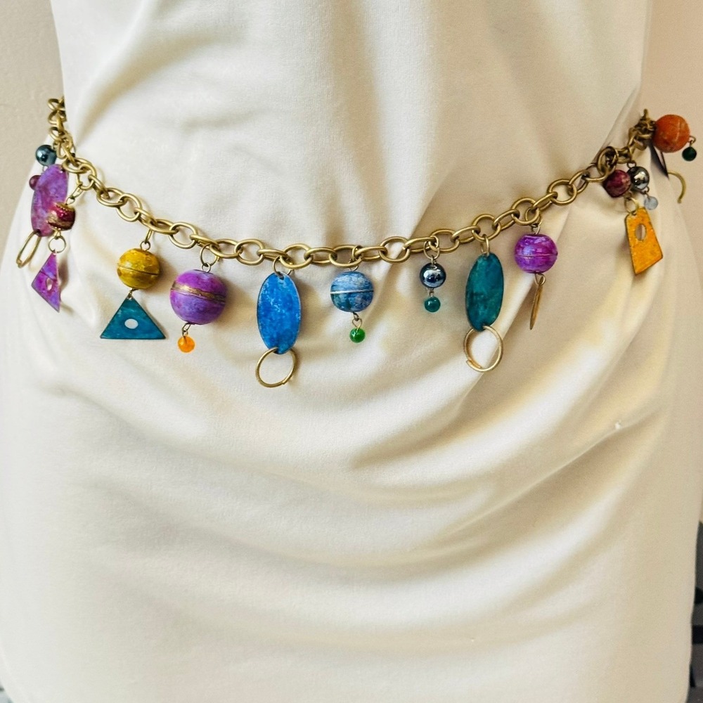 VTG BOHO Colorful Brass Chain Dangle Belt Necklace Cha‎ cha Glass Chunky Retro